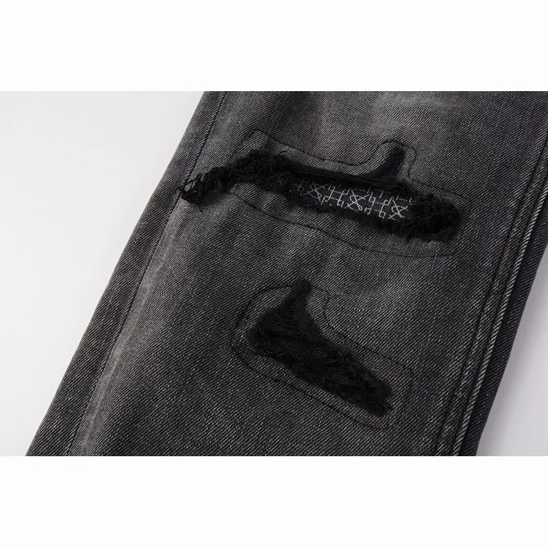 Pantaloni jeans strappati con bottoni di qualità con fori distrutti skinny elasticizzati grigio cenere effetto consumato High Street da uomo