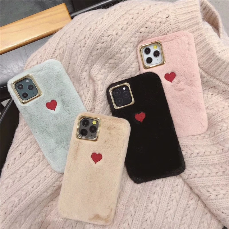 

Love Heart Plush Phone Case Soft Cute Phone Back Cover For iPhone 16 15 14 13 12 11 Pro Max XR XS 8 7 Plus
