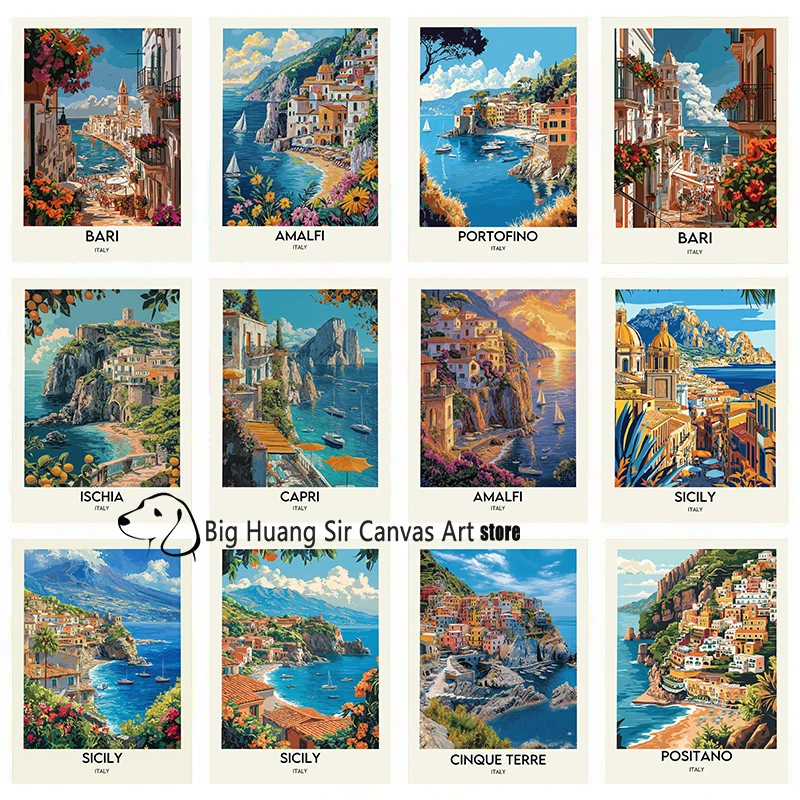 

Italian Costal City Landscape Coastal Town Amalfi Sicily Capri Vacation Travel Poster Canvas Painting Wall Pictures Home Decor