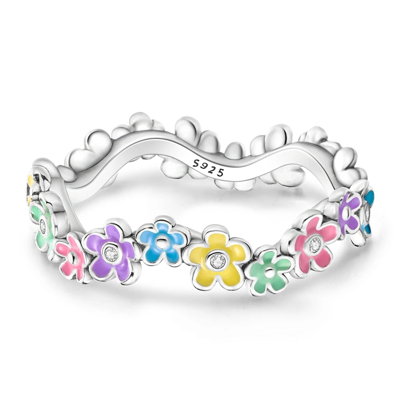 Original 925 Sterling Silver Rings Colorful Oil Drip Flower Rings For Women Girls Jewelry Birthday Anniversary Gifts image 2