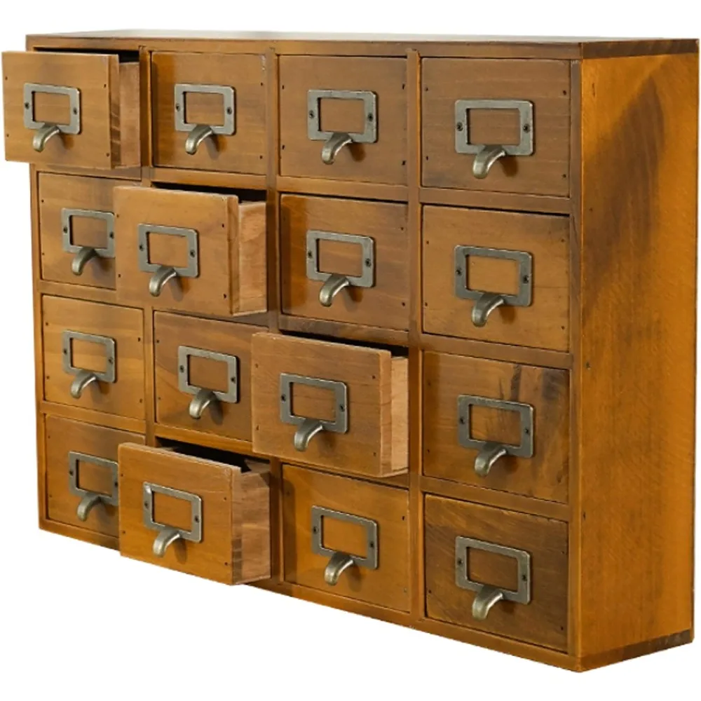 Organizador de cajones de escritorio con catálogo de tarjetas, caja de almacenamiento de madera con 16 cajones, organizador de escritorio para el hogar y la Oficina, gabinete de curiosidades, cajón rústico