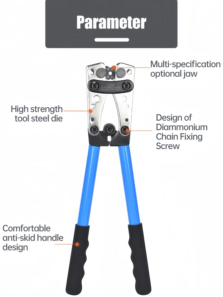 Crimping Plier Battery Cable Lug Crimping Tool HX-50B Wire Crimper Hand Ratchet for 6-50mm 0-10AWG With 60pcs Terminals