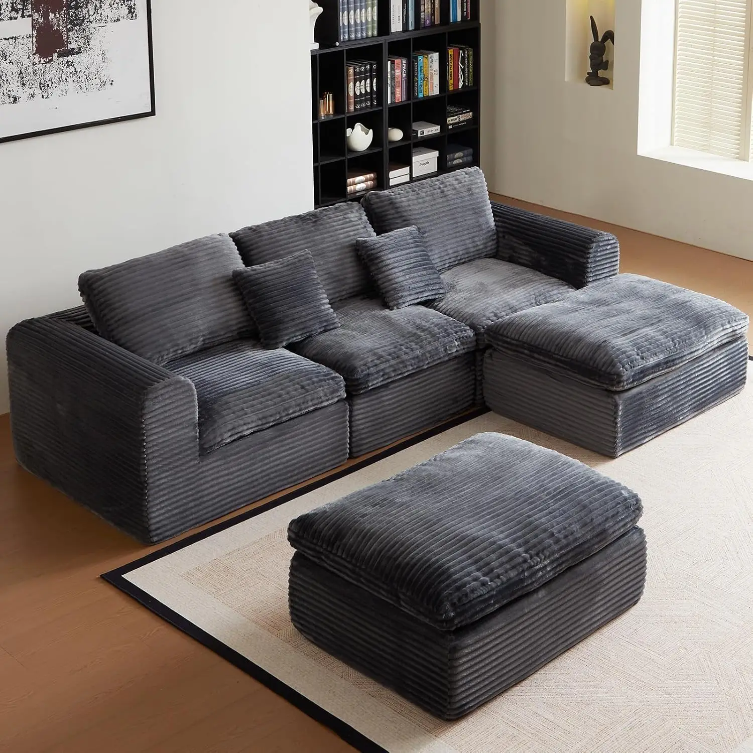 

109" Boneless Couch,Modular Sectional L-Shape Sofa with Movable Ottoman,Cloud Couch for Living Room,Comfy Corduroy, Customized