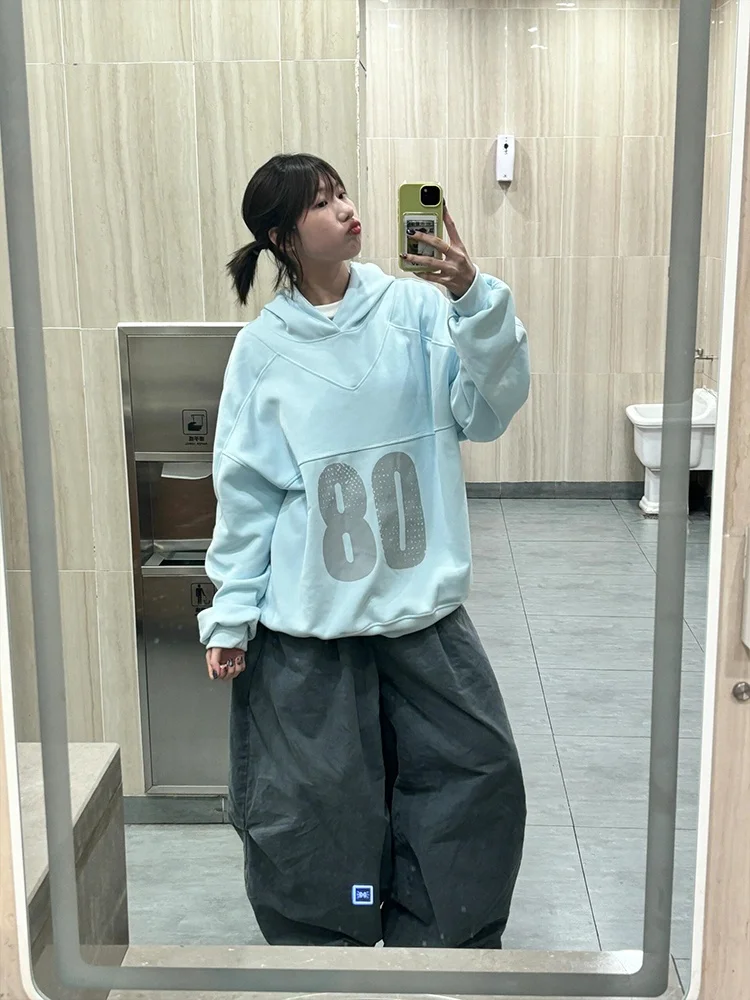 

American Heavyweight Spliced Lazy Loose Hoodie Women's Autumn Winter New Design Casual Versatile Top Long Sve Letter Pattern