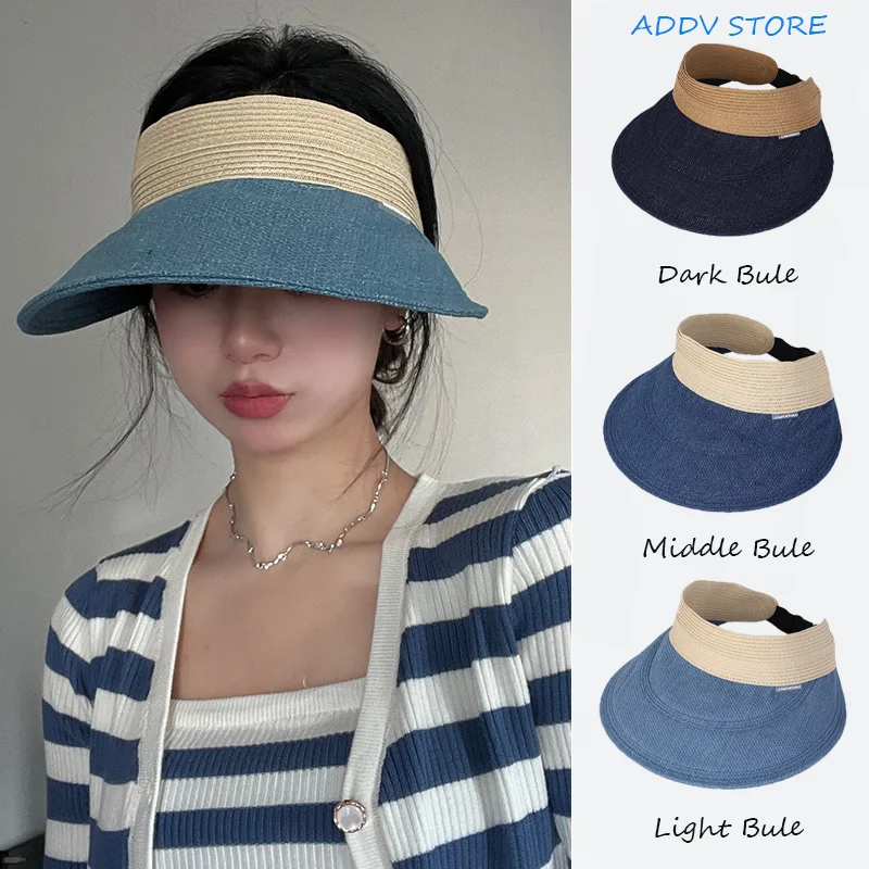 

Summer Japanese Big Brim Roofless Sports Hat Women's Casual Denim Paneled Straw Large Brim Shade Empty Top Hat Beach Cap