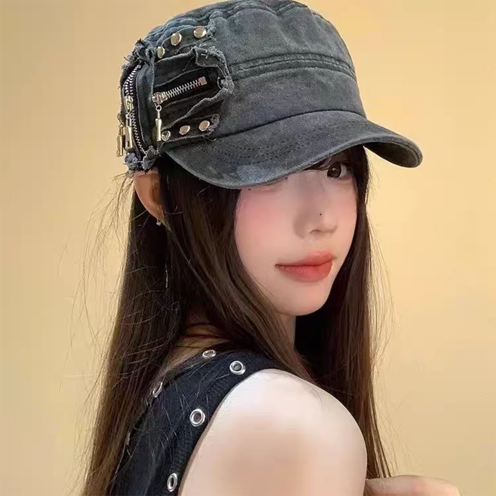 2026 new Personality Cloth Rivet Denim Beret Spice Girls Y2k Equestrian Hat Washed Cotton Fashion Denim Octagonal Hat Girl