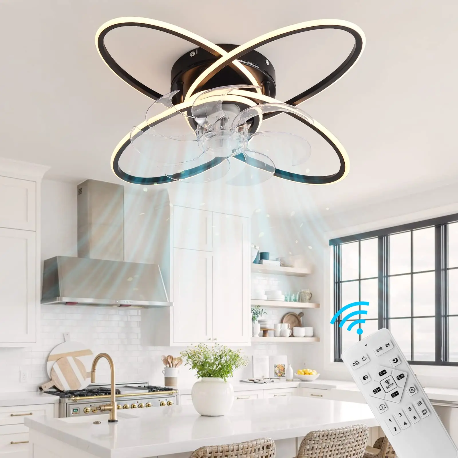 Black Ceiling Fan with Lights Remote Control - 6 Speed 3 Color Dimmable Ceiling Lamp for Living Room Bedroom