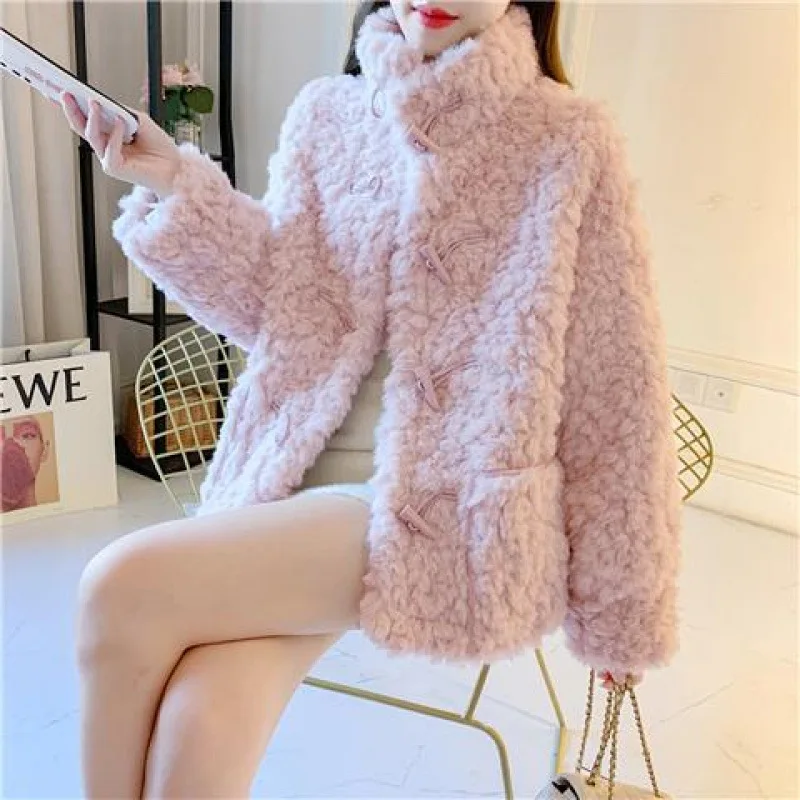 Winter Lamb Cashmere Coat Stand Collar Short Cow Horn Button Women's Thickened Faux Fur Jacket