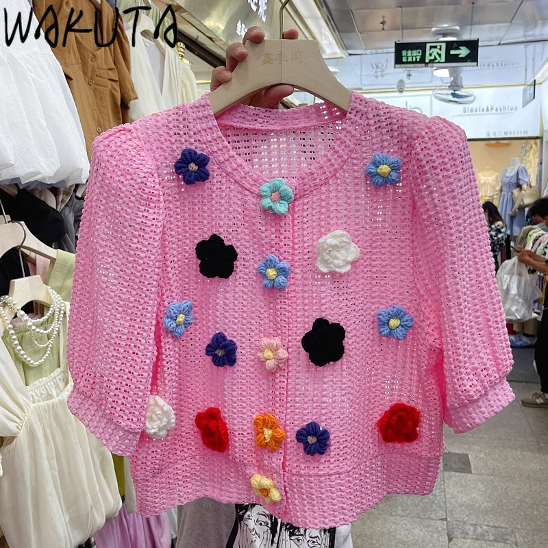 

WAKUTA Colorful Floral Short Sleeve Crop Sweater Tshirts Women Korean 2024 New Elegant Sweet Loose O Neck Knitted Pullovers Chic