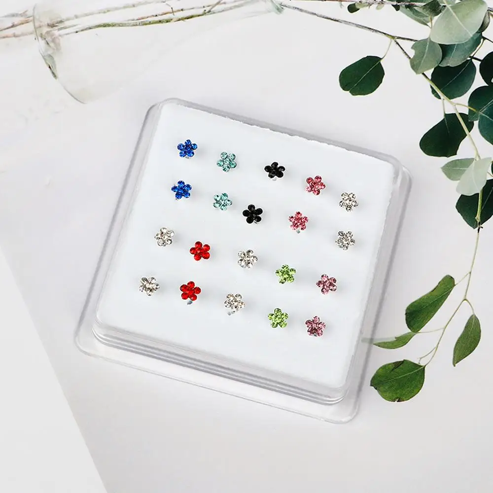 الفضة 20 قطع الفولاذ المقاوم للصدأ الأزياء والمجوهرات الأنف ترصيع الدائري هيئة ثقب الأنف خواتم الأحجار الكريمة زهرة