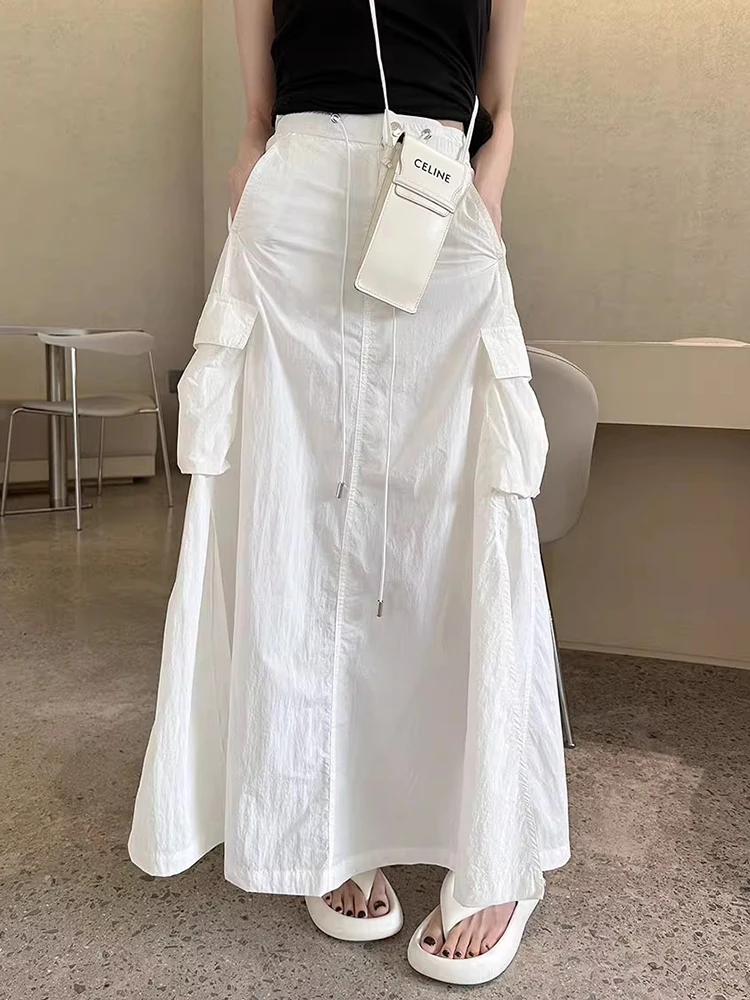 Korea Chic High Waisted Lace Up Large Pocket Skirt Safari Style Back Slit Multicolor Skirts Women 2024 Spring Summer