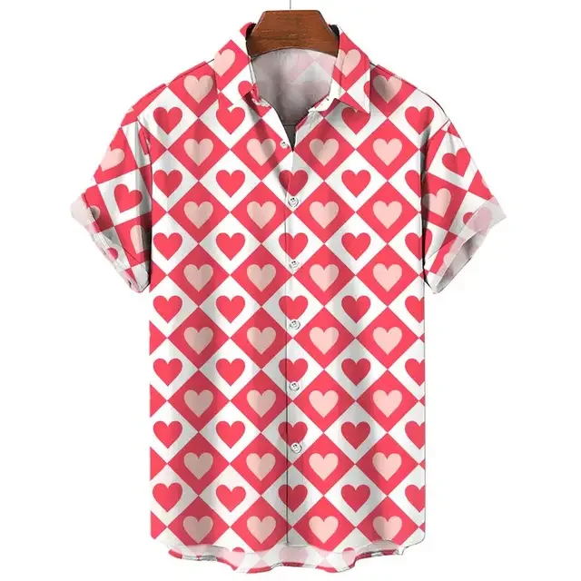 Camisa hawaiana con estampado 3d para hombre, camisa informal de manga corta con solapa, para vacaciones y Día de San Valentín, a la moda, novedad de verano