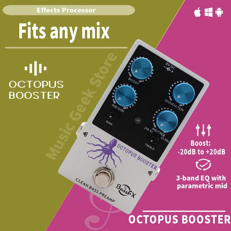Fanmuzk Octopus Booster Bass Preamp, 3-Band EQ with Parametric Mid, ±20dB Boost/Cut, Clean & Rich Harmonic Tone for Bass