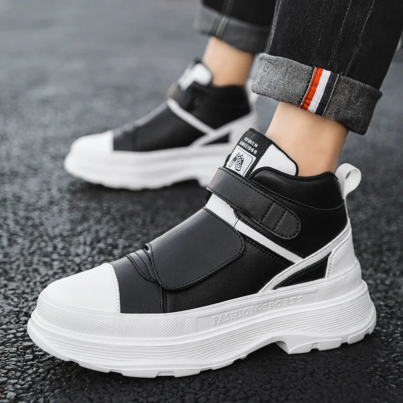 Autumn Men Casual Sneakers Leather Chunky Platform High-top Shoes Ankle Boots Magic Tape Sneakers Male Breathable Sport Shoes 44