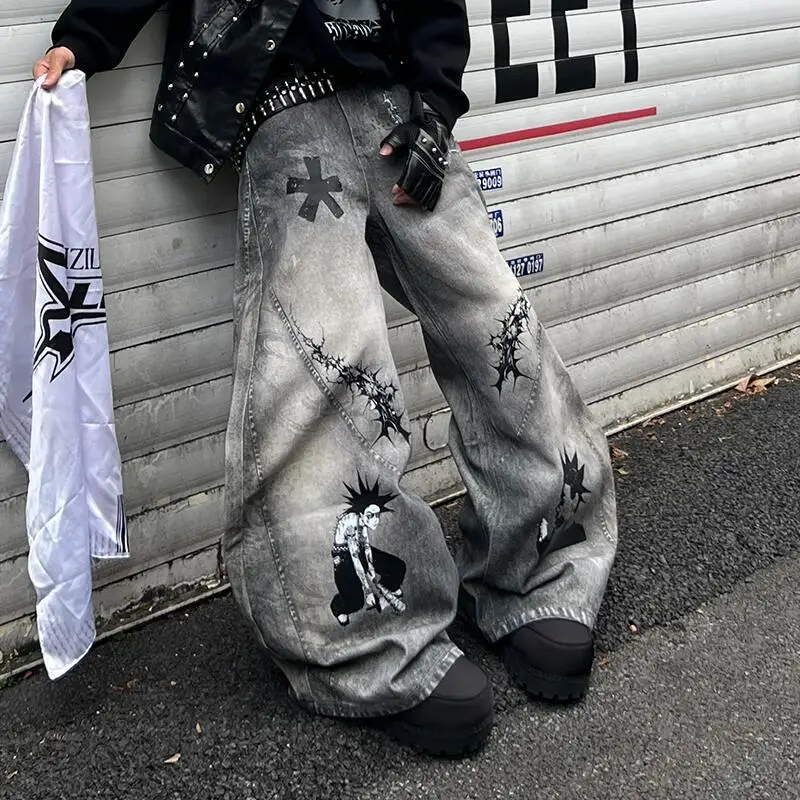 MWJLPWQ Niszowe, postarzane dżinsy z nadrukiem, długie spodnie męskie, styl high street, sprane, unisex, unikalne, szerokie, baggy jeansy z motywem machety, jesień 2025, 12440