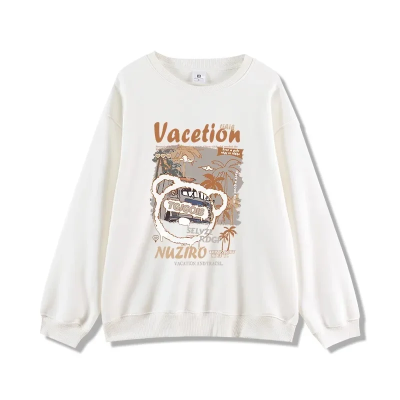 Cartoon Bear Letter Printing Crewneck Brown Sweatshirt Fleece-lined Autumn and Winter Casual Pullover Top for Men and Women
