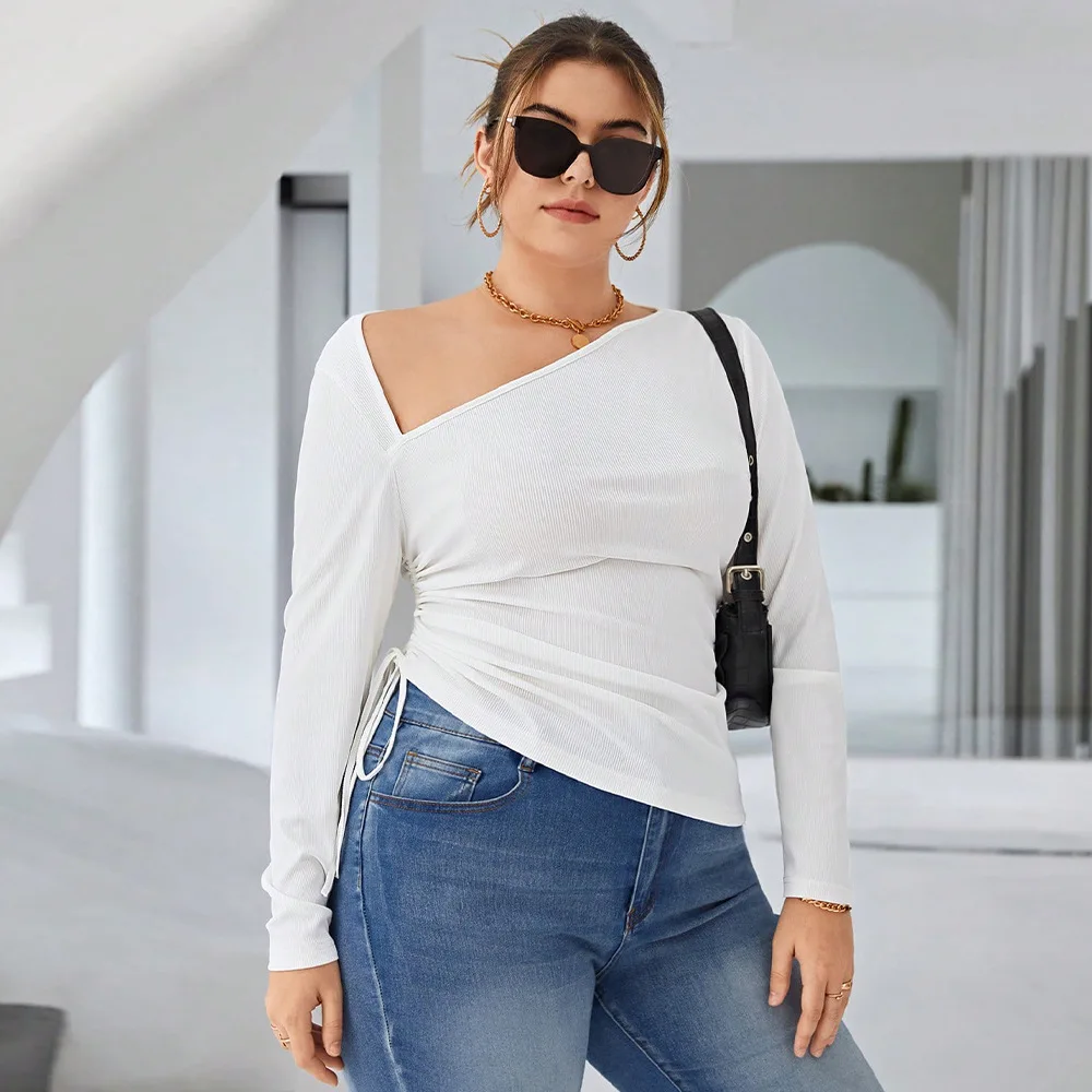 Plus Size Irregular Shirt Women Long Sleeve Crop Top Lady Fashion Solid T-shirt 2023 Autumn Winter Elegant Ruched Crop Tops