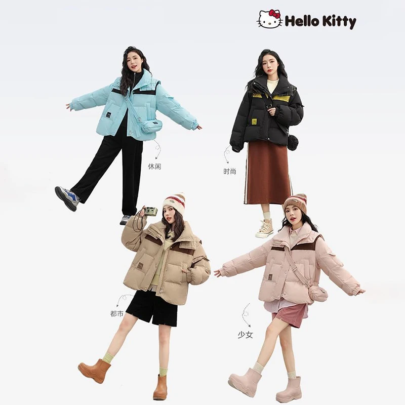 Sanrioed Hello Kittys Down Jacket Woman Short Style with Crossbody Bag Kawaii Winter Leisure Warm Fashionable Down Jacket Coat