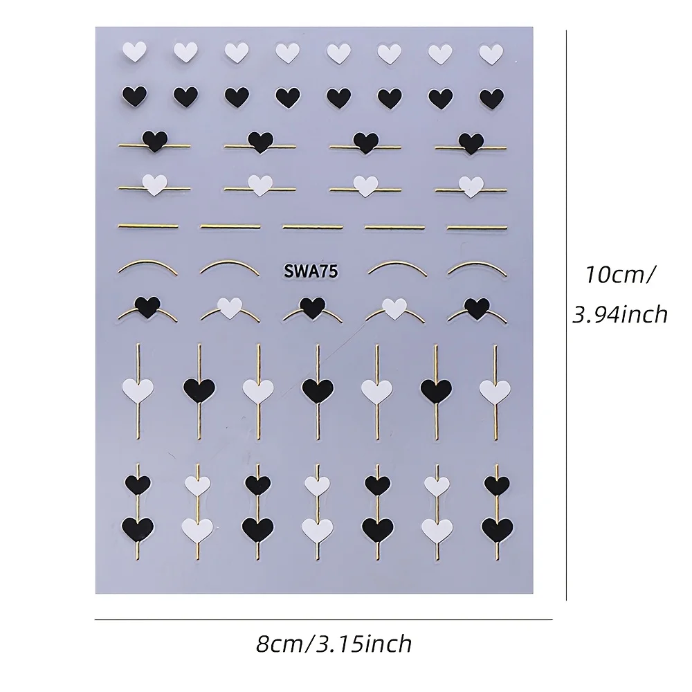 4 pezzi di adesivi per nail art di San Valentino, decalcomanie autoadesive a forma di cuore, decorazioni per unghie a tema amore con glitter in oro bianco nero