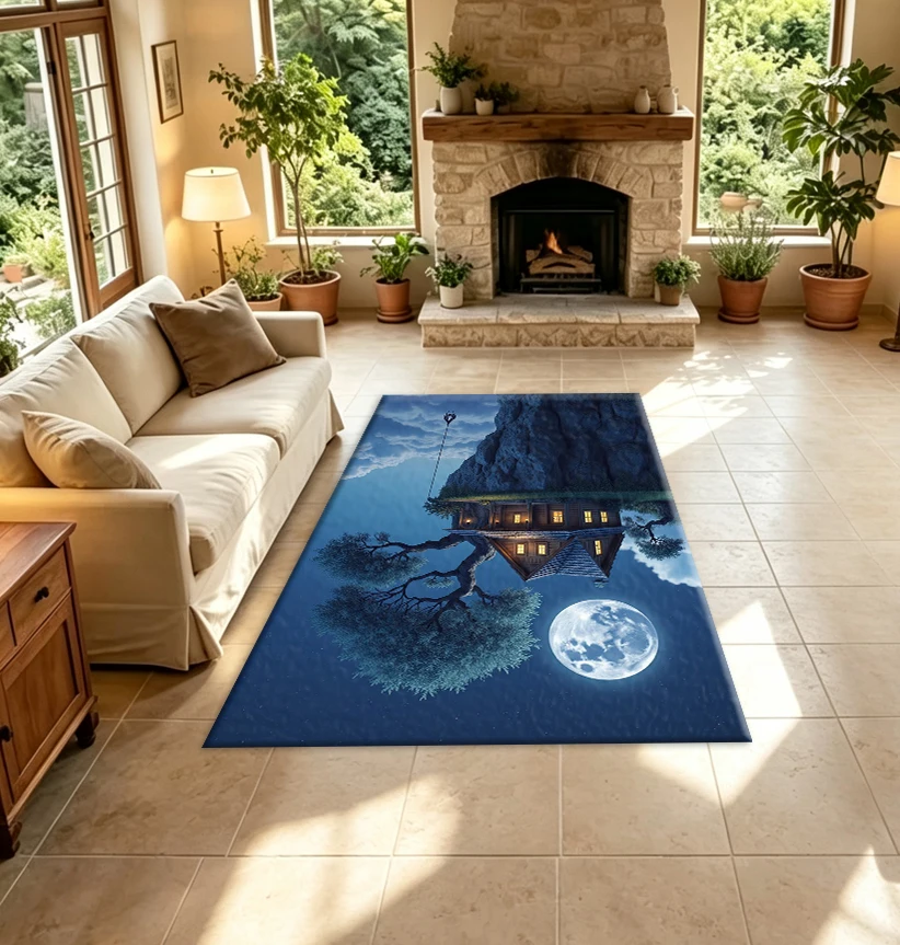 Moonlight Cliff Wooden House Carpet Floor Mat Dreamy Night Sky Landscape Floor Mat Bedroom Home Art Decoration