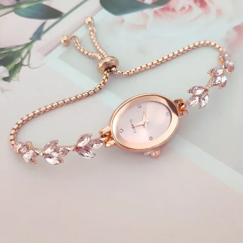 

New Elegant Watch for Women Rhinestone Inlaid for Clover Lady Watches Oval Fashion Quartz Wristwatch Bracelet Clocks Reloj Mujer