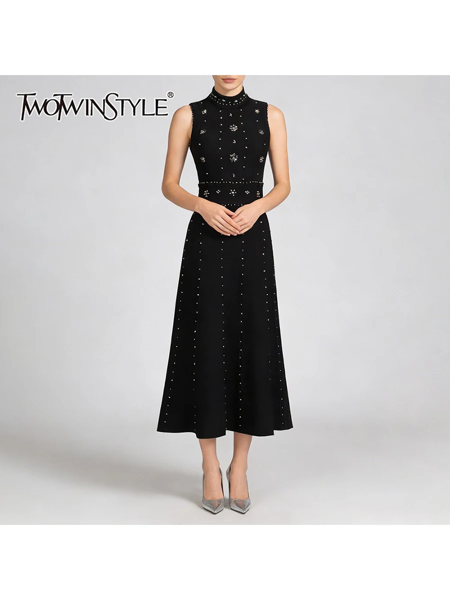 

TWOTWINSTYLE Solid Spliced Beading Temperament Knit Dress for Women Stand Neck Sleeveless High Waist Slimming Long Dress Female