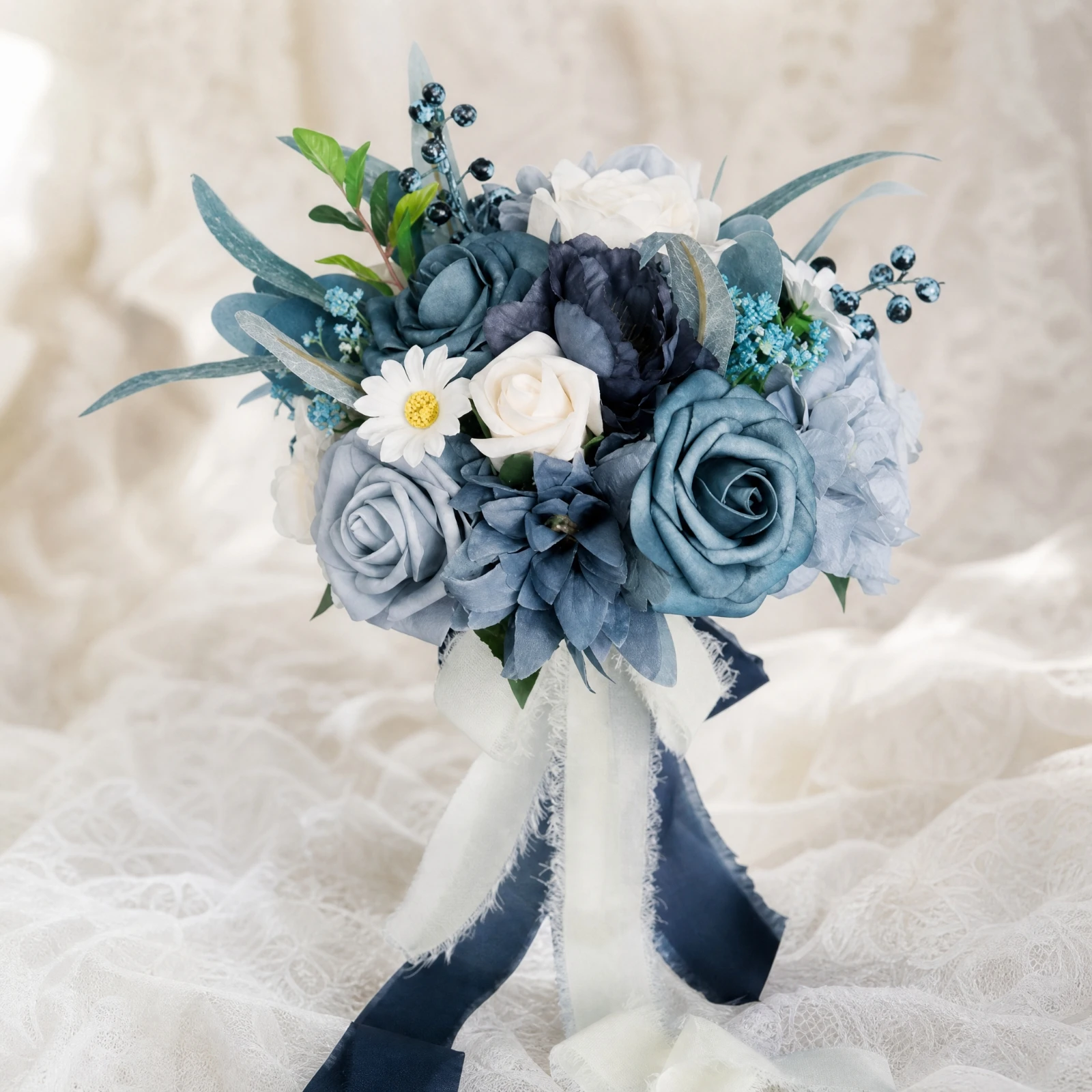 Artificial Bridal Bouquet with Ribbons Realistic Handheld Wedding Bouquet Keepsake Elegant for Brides, Home Display
