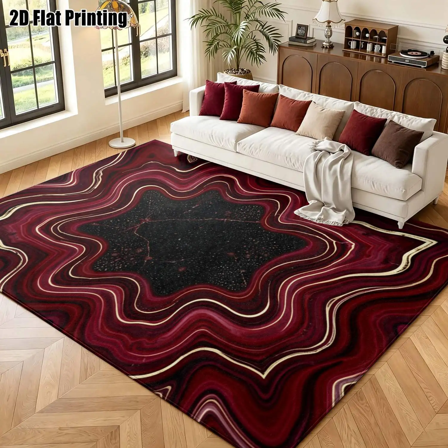 1Pc 2D Printed Carpet: Burgundy Gold Trim, Abstract Fluid & Geometric Stripes, Modern Simple, for Instagram Decor, Multi-Size Machine Washable, Multi-Scene Use