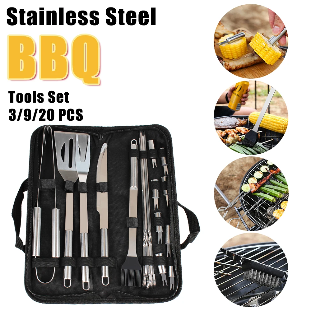 Stainless Steel Spatula Fork Tongs Knife Brush Skewers 3/9/20 PCS For Camping Outdoor Barbecue Utensil BBQ Tools Set