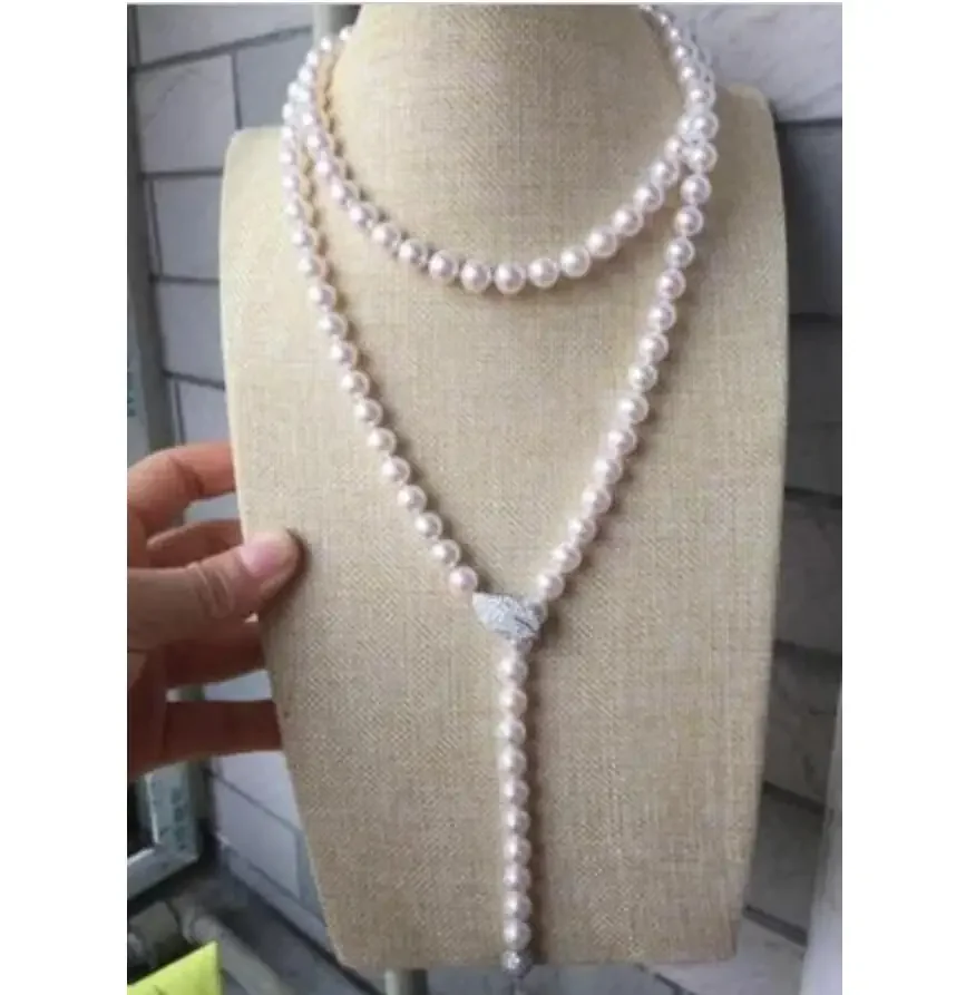 gorgeous AAA 8.5-9mm Akoya round white pearl necklace 40inch silver