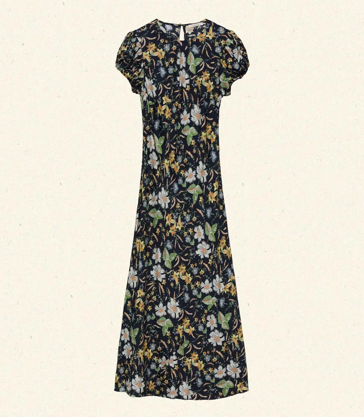 American Retro · Literário e Frio Fundo Preto Floral Oblíquo Manga Bolha Vestido Francês de Manga Curta