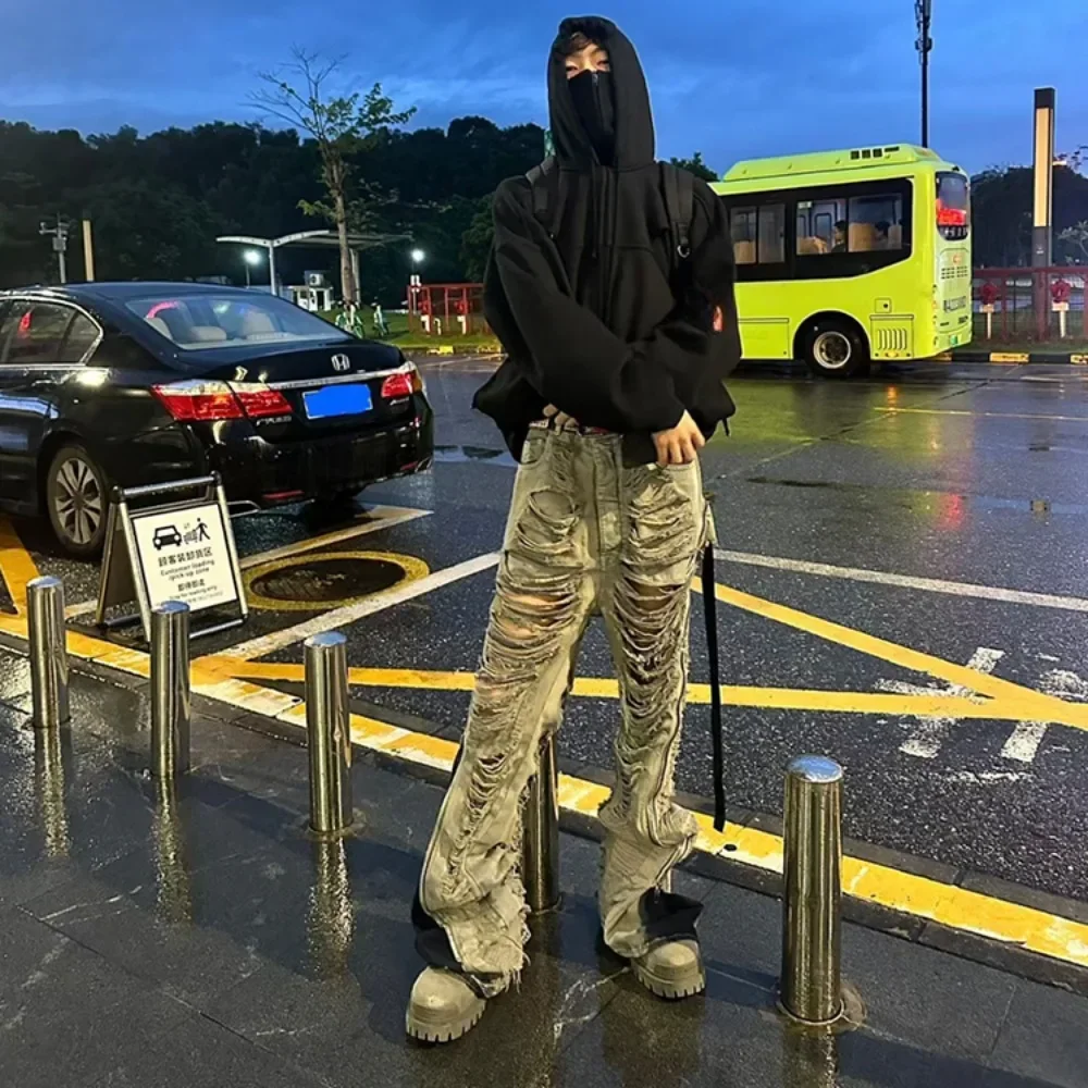 NIGO Men's Vintage Washed Aged Flared Pants Multi Zip Loose Straight Full Length Baggy Jeans #NGTOP11893