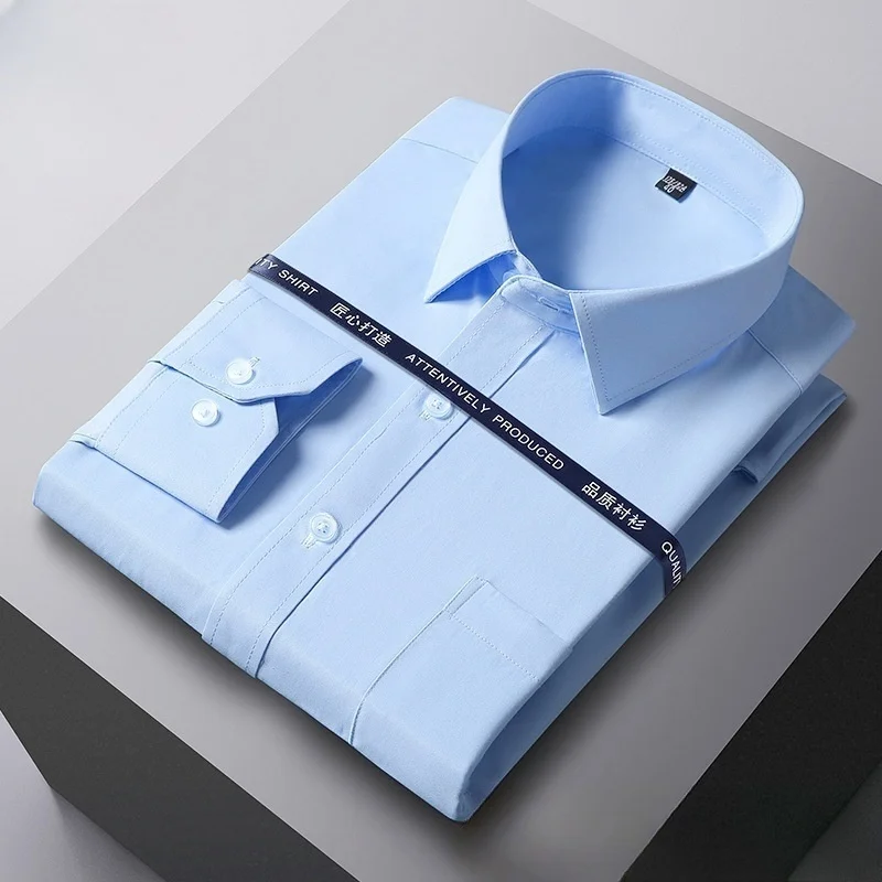 New Men Formal Shirt Long Sleeve Office Solid Color Anti-Wrinkle Fashion Business Pocket White Social Pocket Shirts S-6XL 7XL