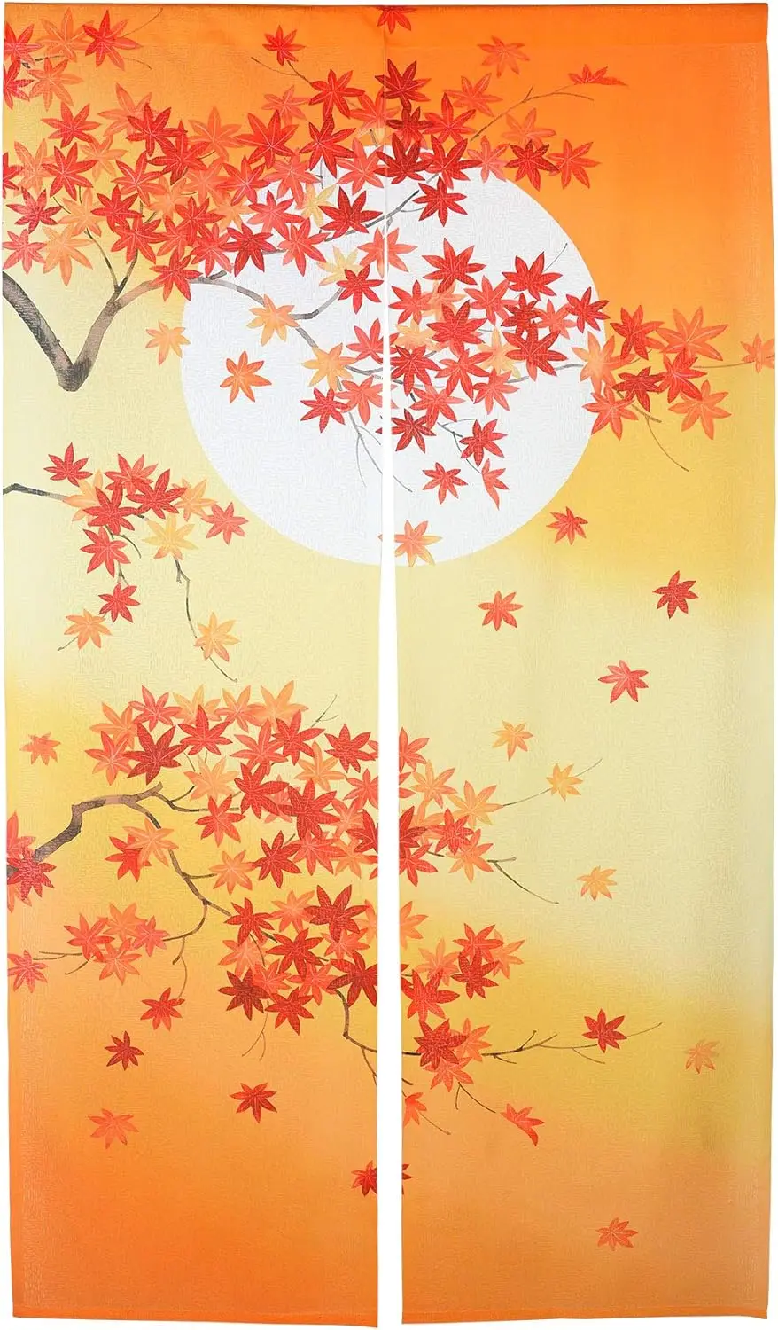 Elegant Maple & Moon Noren Curtain, Watercolor Style Red Maple Leaf Print, Rod Pocket Door Curtain for Home Cafe Seasonal Decor