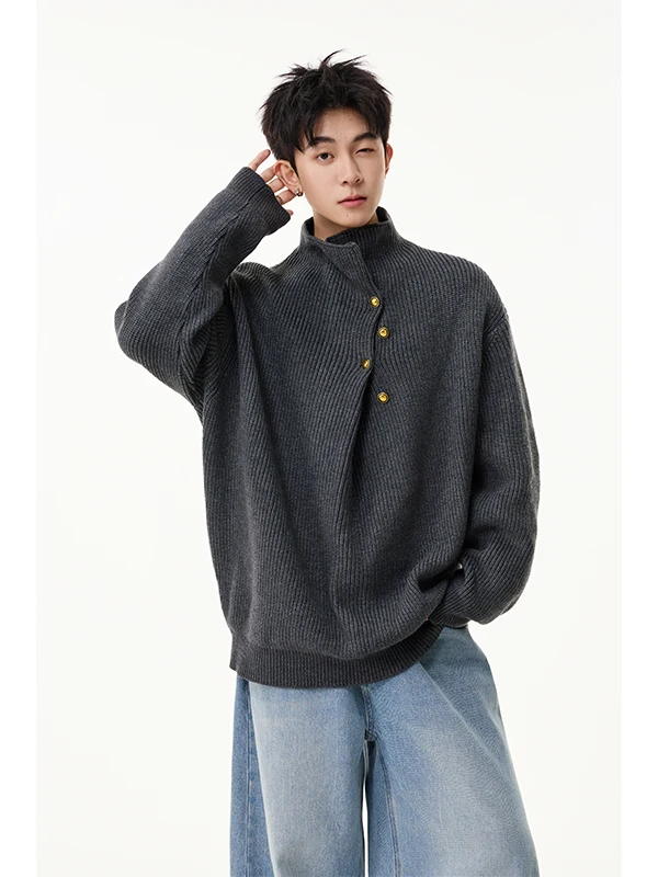 

Men's Casual Knitted Sweater High Collar Winter Faion Boting irt American Sle Old Money Sle Button Asymmetric