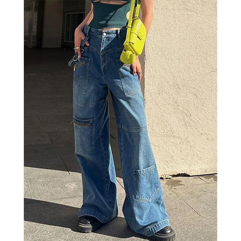 Street style heavy industry zipper multi pocket workwear jeans Spicy girl high waisted loose fitting worn-out straight leg pants