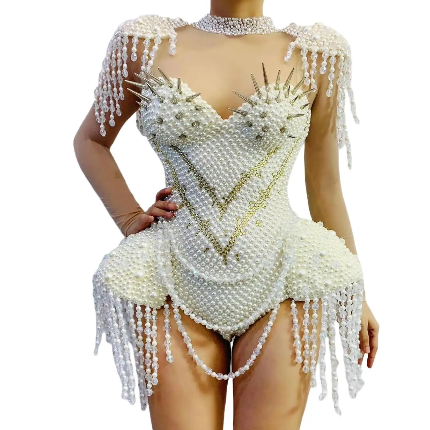 Designer Rivets Pearls Tassel Party Bodysuit Women White Sexy Fringes Dancer Leotard Nightclub Showgirl DJ Singer Stage Costumes