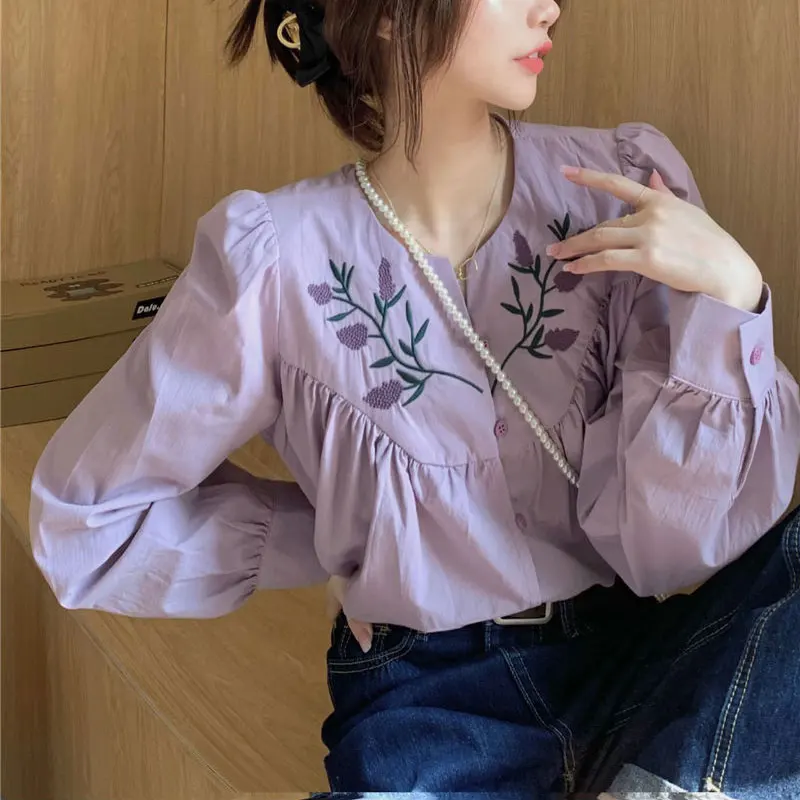 Folk Vintage Floral Embroidery Shirt Female Clothing Single-breasted Spring Autumn Long Sleeve Stylish Folds Loose O-Neck Blouse