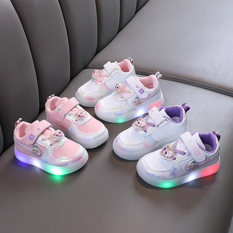 Disney Kids Girls Shoes Children Sneakers Girls Elsa Frozen Princess Casual Sport Student Shoes LED Lights Shoes Size 21-30