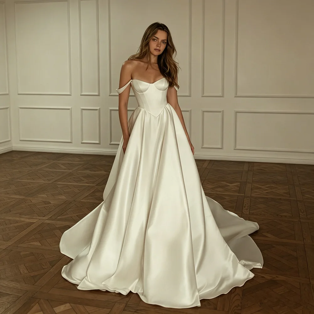Schulterfreies, herzförmiges Satin-A-Linien-Hochzeitskleid mit Korsett-Oberteil und Kapellenschleppe, elegantes, schlichtes Brautkleid für Damen, Hochzeitsfeier