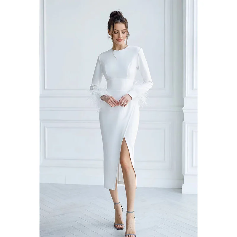 Elegant O-Neck Long Sleeve Feathers Evening Dresses High Quality Tea-Length Wedding Party Bespoke Occasion Gown 2024