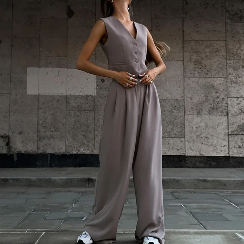 Yuzhexi feminino único breasted colete calças duas peças terno verão chique cinza cáqui commuter blazer pantaloon conjuntos