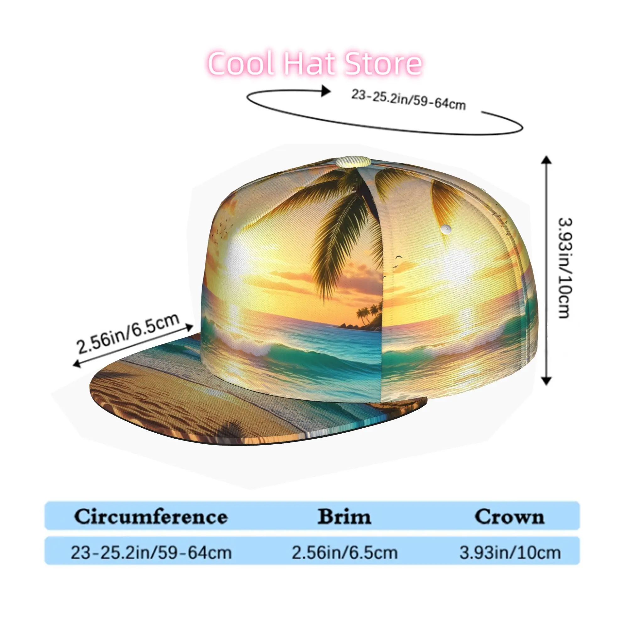 Tropical Beach Sunset, Men Women Unisex Flat Brim Baseball Cap, Hip Hop Streetwear Snapback Trucker Hat for Skateboarding Dance