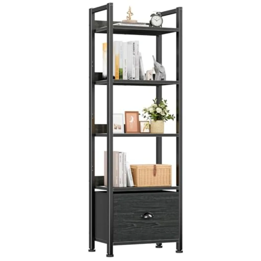 

Bookshelf with Drawer Kitchen Bakers Rack with Storage Tall Narrow Bookcase Industrial Free Standing Display Shelf Wood and Met