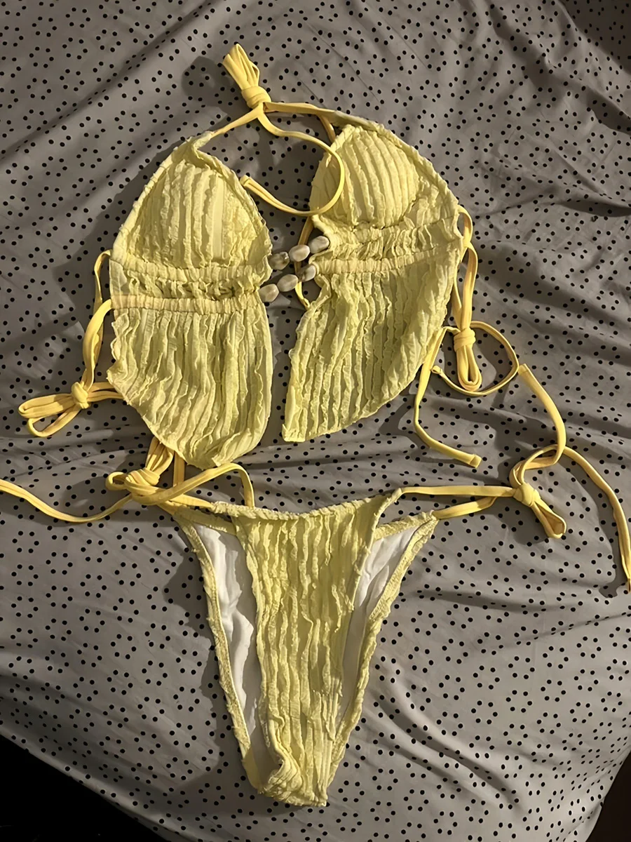 

Купальник-танкини S-XL с эффектом мятой ткани, микро-бикини, женский раздельный купальник из двух частей, с высокой талией, для плавания