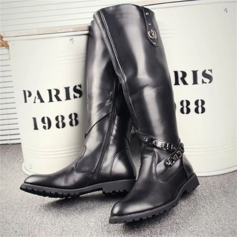 Mens Black Over Knee High Boots Cow Leather Long Waterproof Snowboots Equestrian Motocycle Boots Zipper outdoor nightclub boots