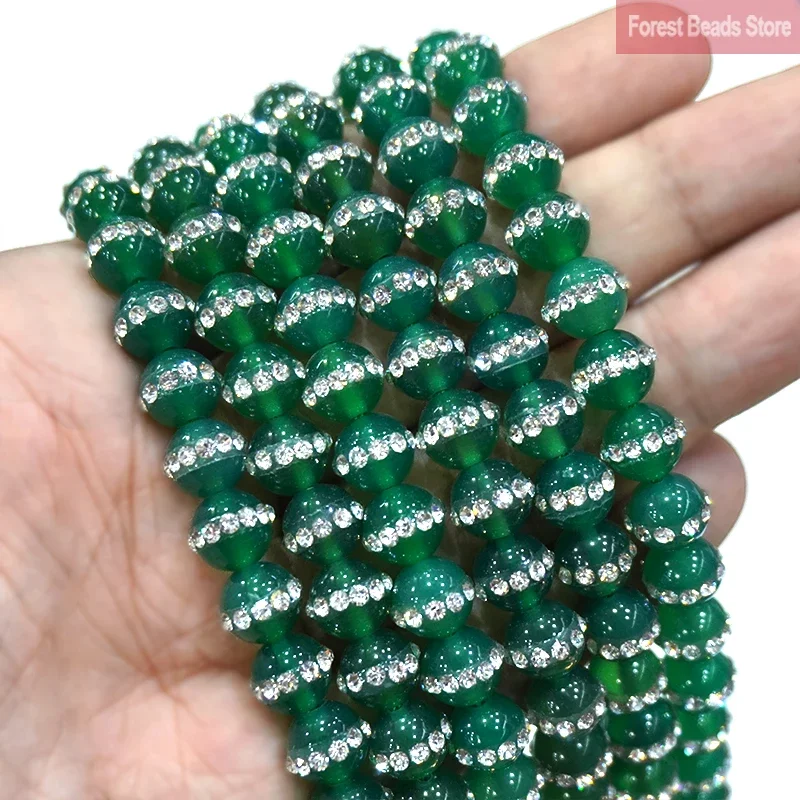 Ring Diamonds Smooth Green Agates Round Loose Beads Natural Stone for Jewelry Making Diy Bracelet Earrings 15