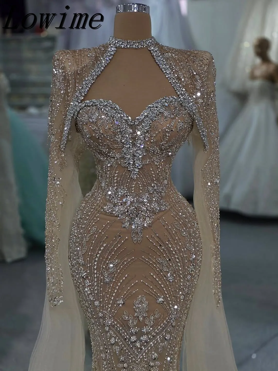 

Customized Luxury Nude Evening Dresses Gowns Crystal Embellished Mermaid Dress with Cape Sleeves Heavy Made Gala Dress
