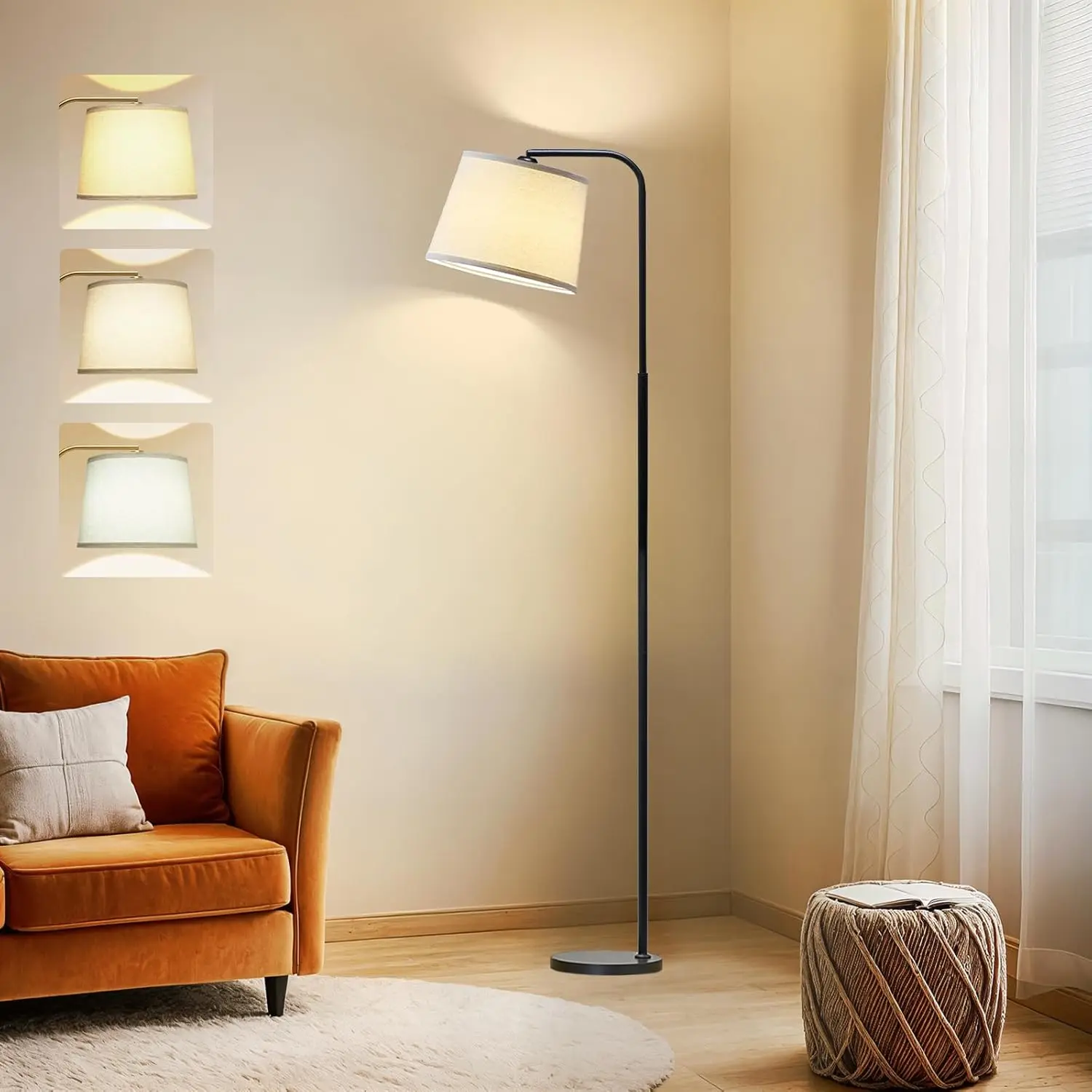 Modern Arc Floor Lamp with 3 Color Temperatures, Adjustable Head, and Foot Switch for Living Room, Bedroom, Office