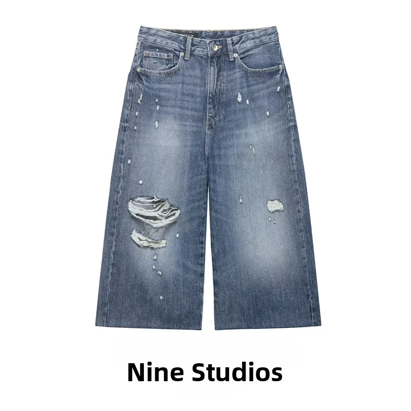 

Casual Denim Shorts Straight Leg Decorative Hole Women's Summer Jeans Cotton Natural Waist Button Closure Ladies' Pants